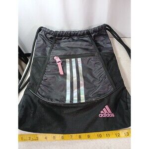Adidas Drawstring Backpack Black Pink 3 Stripe Gym Sack Bag Medium